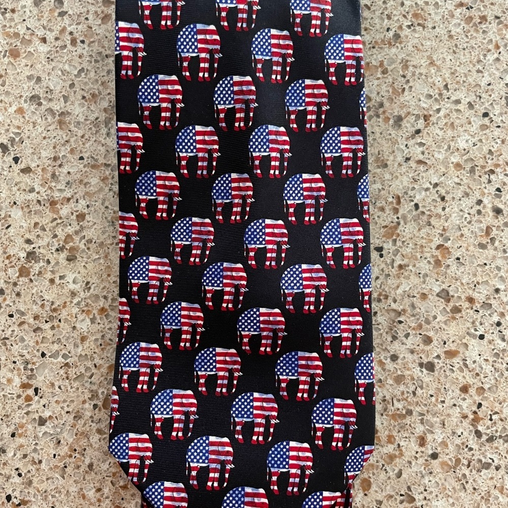 Elephant Red/White/Blue American Flag Hand Made All Silk Tie